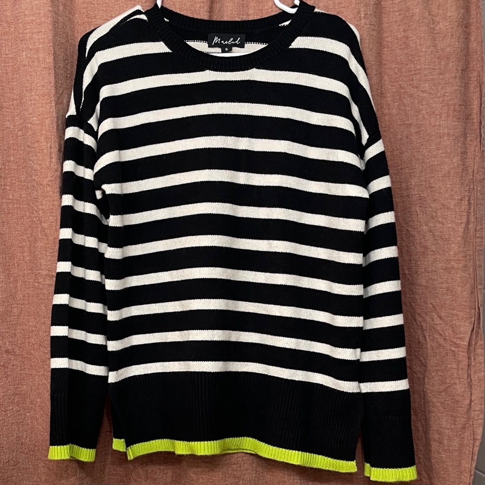 Black and White Striped Sweater with Neon Accents
